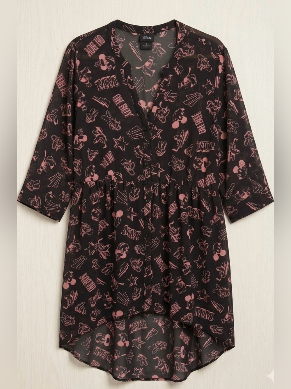 Torrid Disney Chiffon Hi-Lo Black Shirt Dress Pink Allover Character Print, 2